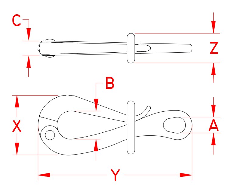 Stainless Steel Pelican Hook with Slide, S0180-0100, S0180-0150, Line Drawing